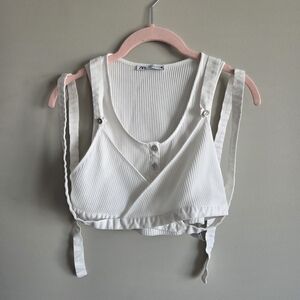 💚Zara White Ribbed 2 Layered Crop Top Streetwear Bra Y2k Utility S